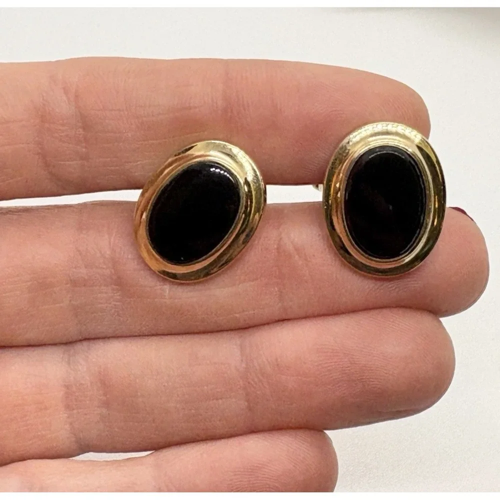 Vintage Hadley USA 12K Yellow Gold Filled Oval Black Onyx Bullet Back Cufflinks